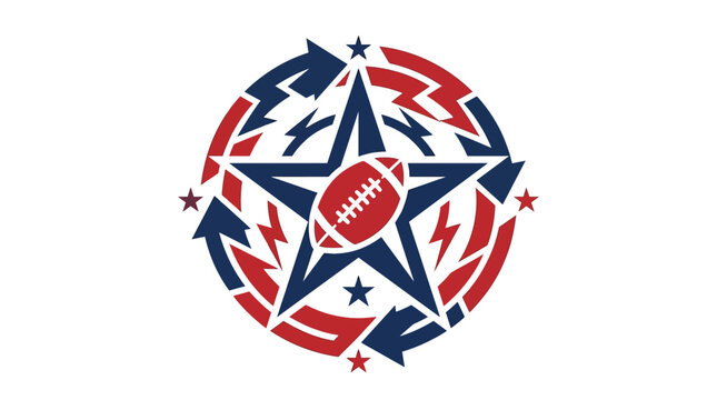 American football logo inside star shape with rotating arrow elements and lightning for sports branding vector template.