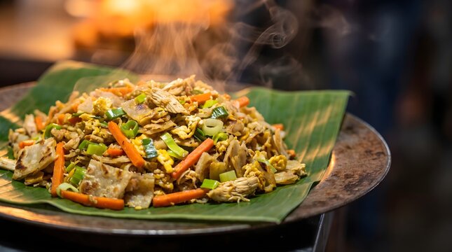 Sizzling hot Sri Lankan kottu roti on banana leaf copy space