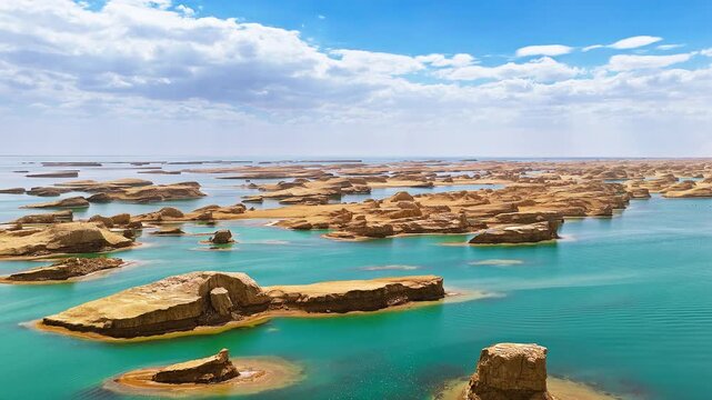 Aerial view of Wusute Water Yardang Geopark with turquoise water and unique rock formations under cloudy sky in Qinghai, China.