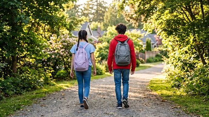 Obraz premium Rear view of two teenagers walking together on a sunny suburban path with backpacks