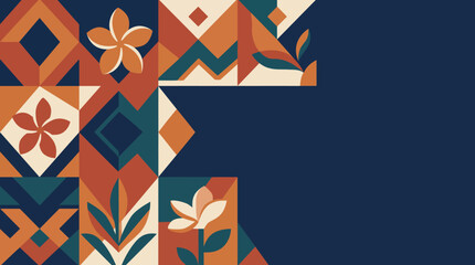 Obraz premium Indonesian ethnic geometric corner background with frangipani flower ornaments and copy space
