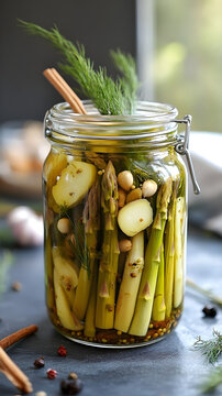 Asparagus spears sit preserved inside a transparent glass canning jar filled with a seasoned vinegar brine and aromatic spices on a dark rustic surface.