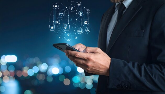 Hombre de negocios usando un tel&eacute;fono inteligente con iconos digitales de comunicaci&oacute;n y servicios en un entorno urbano nocturno