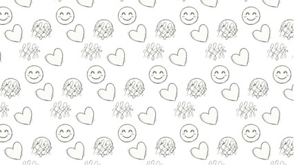 Fototapeta premium Emoji doodle pattern vector with repeating smiley faces, hearts, and abstract scribbles in playful decorative grid design
