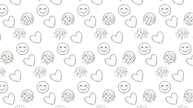 Emoji doodle pattern vector with repeating smiley faces, hearts, and abstract scribbles in playful decorative grid design