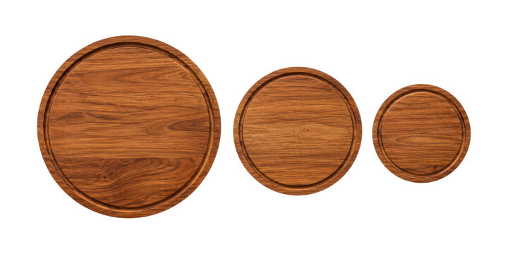 Set of three round wooden pizza serving boards with juice grooves in different sizes, isolated on a white background. Premium natural wood texture with a smooth polished finish, viewed from above