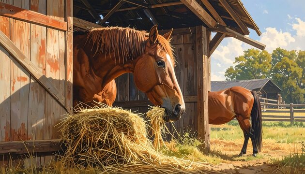 A majestic brown horse munches hay inside a weathered barn, with another horse visible in the sunny pasture