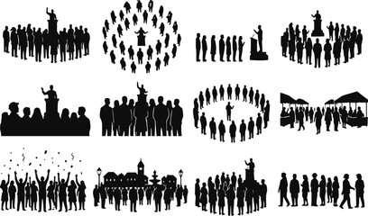 Public Speaker Crowd Gathering Community Town Square Celebration Silhouettes Vector Set Isolated © raccoontail