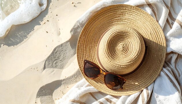 Sombrero de paja y gafas de sol sobre una toalla en la arena de playa en composici&oacute;n veraniega vista desde arriba