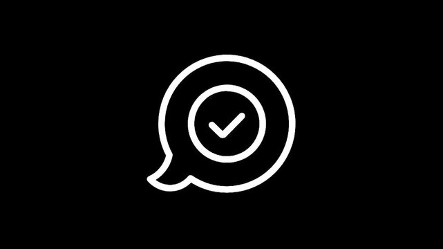 White chat bubble icon with a checkmark inside a circle on a black background