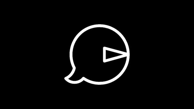 Minimalist white speech bubble icon with a play button symbol inside on black background