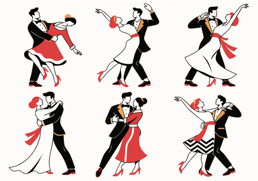 Elegant ballroom dancing couple illustration set, tango waltz partners in colorful dresses for romantic event design vector posters
