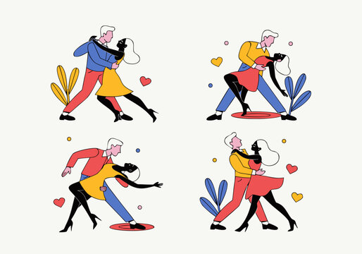 Elegant ballroom dancing couple illustration set, tango waltz partners in colorful dresses for romantic event design vector posters
