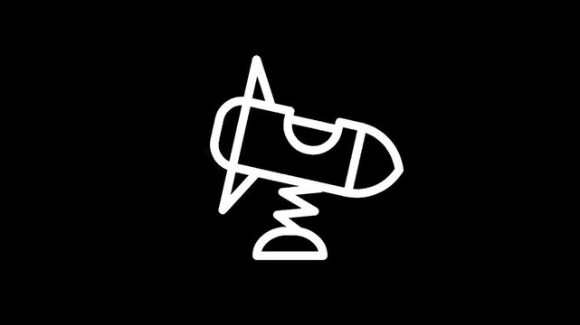 Simple white line art icon of a rocket ship spring rider on a black background