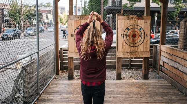 Back view of a person with long blonde hair holding an axe above the head, aiming at a wooden target in an outdoor axe throwing venue.