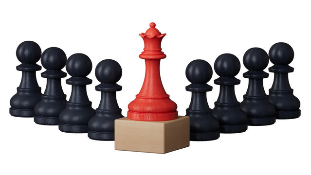 Leadership concept, wooden business team with one person standing out from the crowd on podium.Supports PNG files with transparent backgrounds.