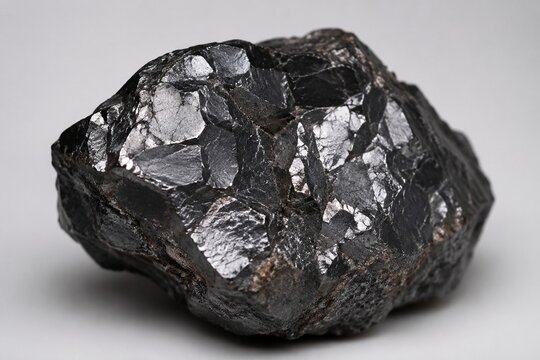 A specimen of black magnetite ore with metallic luster.