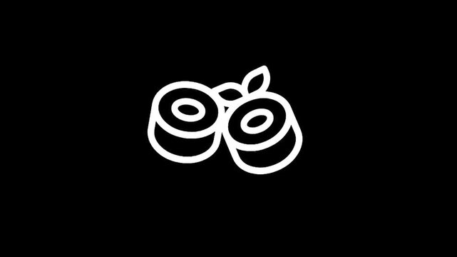 Simple white outline icon of two sushi rolls with leaves on a black background