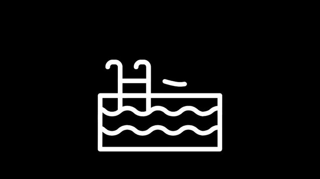 Simple line art icon of a swimming pool with ladder and umbrella on a black background