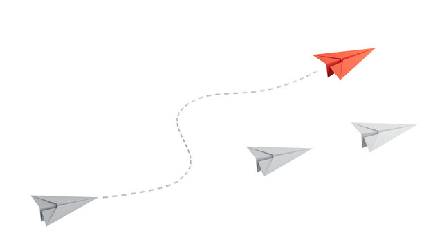 group of blue paper planes are sailing in one direction, one red is sailing in the opposite direction. The concept of an extraordinary personality