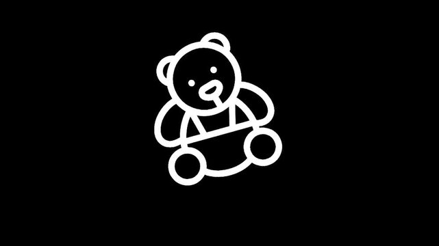 Simple white outline of a teddy bear wearing overalls on a black background