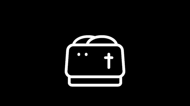 Simple white line icon of a toaster with two slices of bread popping up
