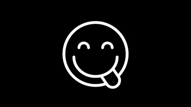 Simple white outline of a happy face sticking its tongue out on a black background