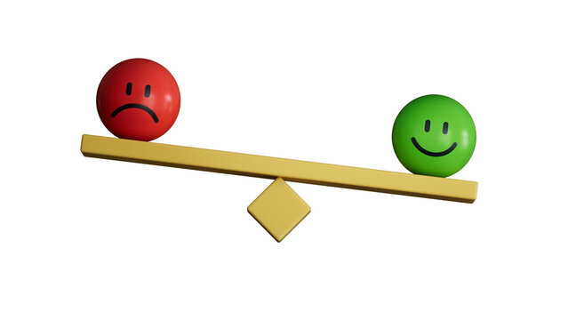 Happy and sad smiley faces on yellow seesaw. Customer satisfaction, evaluation or positive feedback concept.Supports PNG files with transparent backgrounds.