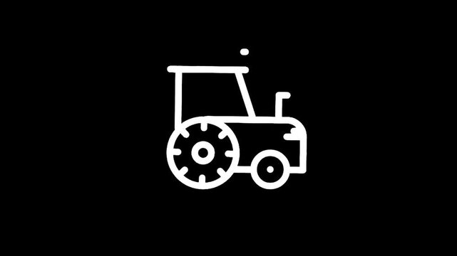 Simple white line art icon of a tractor on a black background