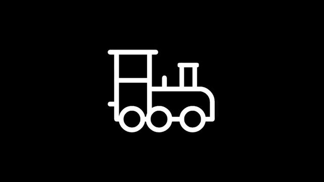 Simple white line art icon of a classic steam locomotive on a black background