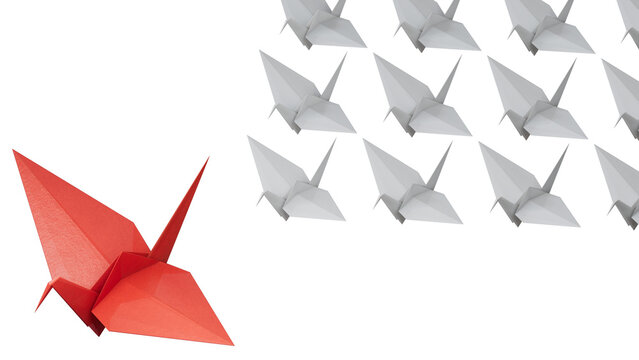 Different business concept.new ideas. paper art style. creative idea.red leader swan, standing out from the crowd of white swans.Supports PNG files with transparent backgrounds.