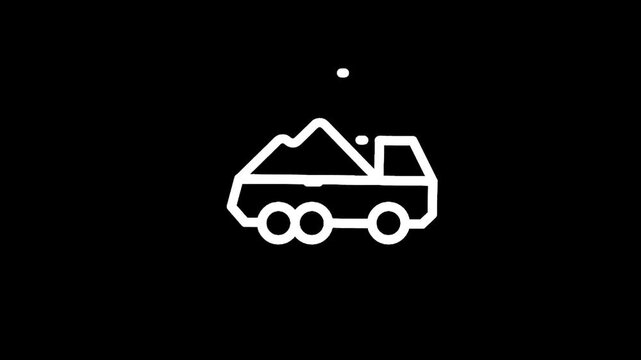 Simple white line art icon of a dump truck carrying a load of dirt or rocks