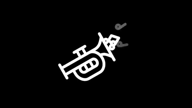 Simple line art icon of a trumpet with musical notes emanating from it on a black background