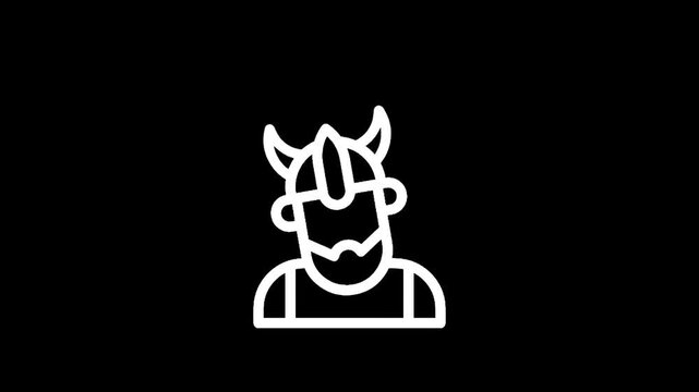 Simple line art icon of a Viking warrior with horned helmet and beard on black background