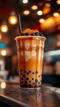 Bubble tea filled with tapioca pearls and caramel syrup sits on a reflective bar counter with blurred golden lights in the background of a modern cafe.