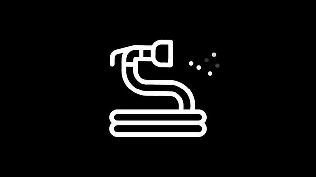 Simple white line art icon of a garden hose spraying water on a black background