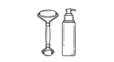 Skincare Essentials: Jade Roller and Dispenser Bottle Hand-Drawn Vector © illustration