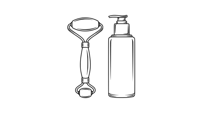 Line art illustration of a facial roller and a pump bottle for skincare products on a white background.