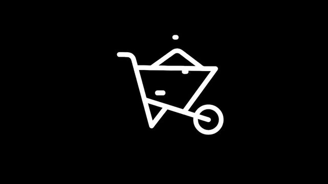 Simple white line art icon of a wheelbarrow filled with dirt on a black background