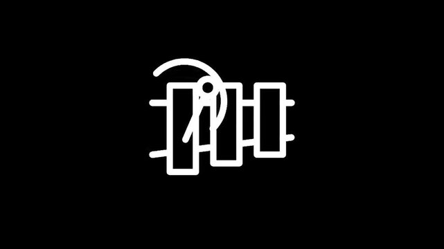 Simple white outline icon of a xylophone with a mallet hitting a bar on a black background