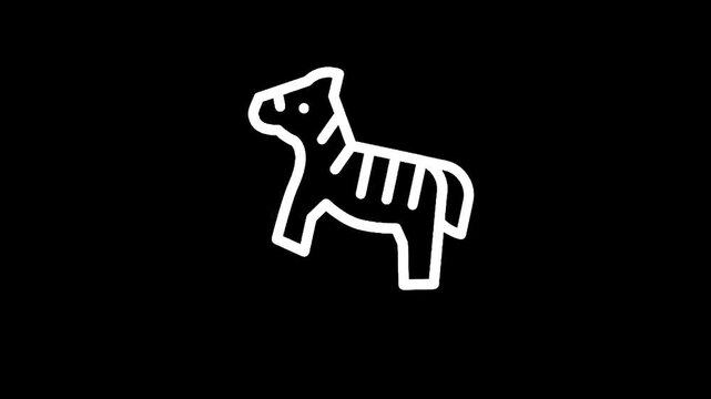 Simple white line art icon of a zebra standing against a black background