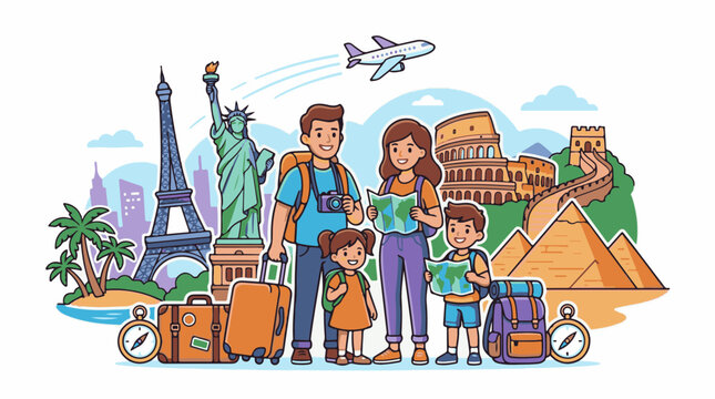 Family adventure exploring world landmarks planning trip with maps and luggage