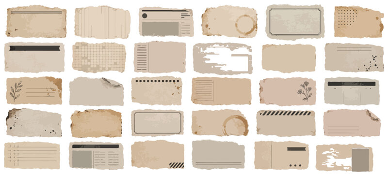 Vintage torn paper collection, 30 antique scrap paper elements with burnt edges and coffee stains, retro junk journal ephemera vector set