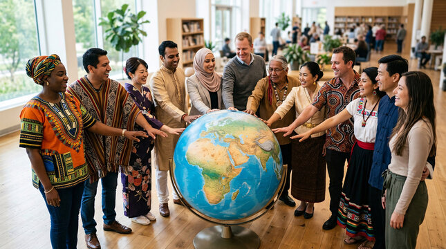 Groupe diversifi&eacute; de personnes multiculturelles r&eacute;unies autour d'un globe terrestre dans une biblioth&egrave;que.