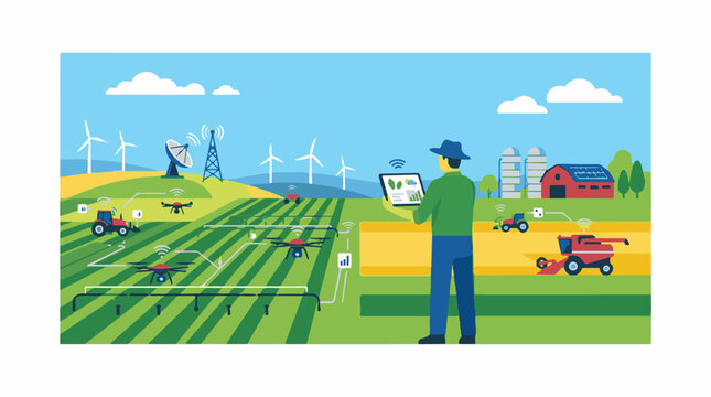 Farmer using tablet to control drones tractors and combine on modern farm