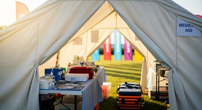 Medical Aid Tent at Outdoor Event with Equipment and Colorful Background for Healthcare Blogs, Event Planning Websites, Medical Awareness Campaigns, and Community Health Articles
