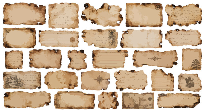 Vintage burnt paper collection, 24 antique parchment scraps with charred edges, weathered brown scroll fragments for scrapbooking and graphic design
