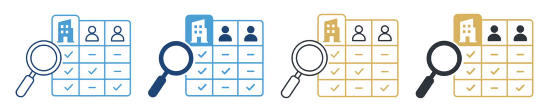 magnifying glass comparison table business search icon set on transparent background