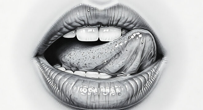Closeup of womans lips biting tongue.