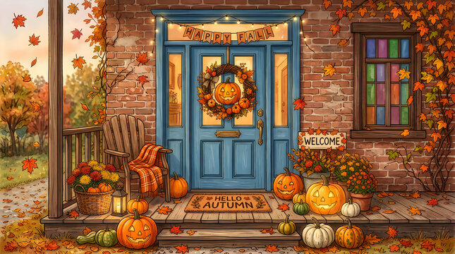 Cozy autumn porch decorated with pumpkins and fall leaves